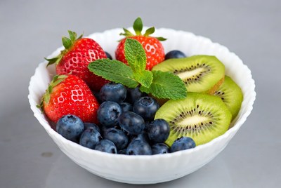 Strawberries Blueberries Kiwi in White Bowl