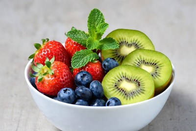 Strawberries Blueberries Kiwi in White Bowl