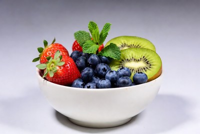 Strawberries Blueberries Kiwi in White Bowl