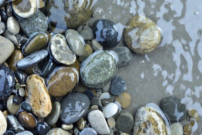 Wet colorful pebbles on beach