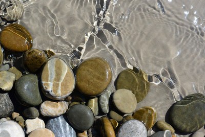 Colorful pebbles under shallow water