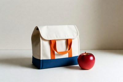White lunch bag with red apple