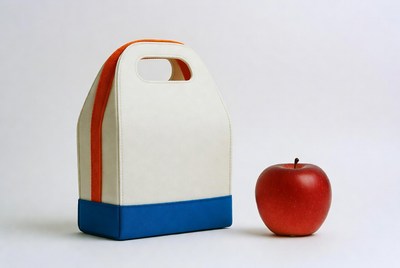 White lunch bag with red apple