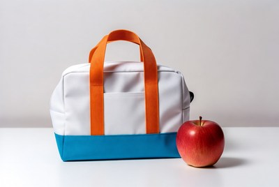 White lunch bag with orange handles and red apple