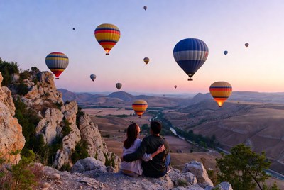 Couple watching hot air balloons at sunset
