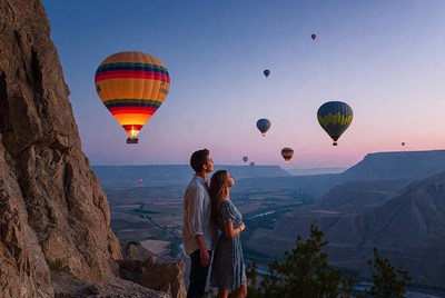 Couple watching hot air balloons at sunset