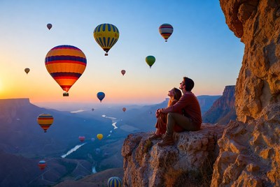Couple watching hot air balloons at sunset