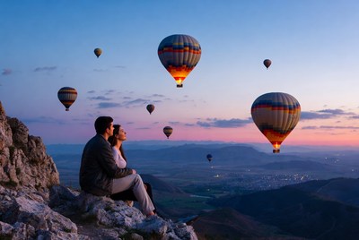 Couple watching hot air balloons at sunset
