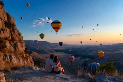 Couple watching hot air balloons at sunset