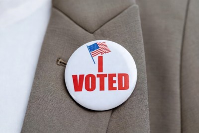I Voted Pin on Gray Suit