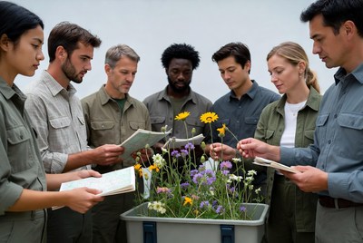 Diverse group examining plants and maps
