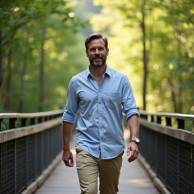 Man walking on wooden bridge in forest