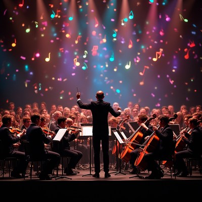 Conductor leading orchestra with music notes
