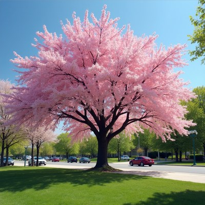 Pink Cherry Blossom Tree by Road