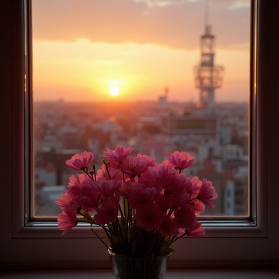 Pink Flowers by Window at Sunset Cityscape