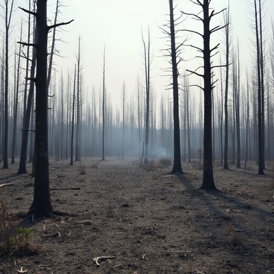 Burnt forest with charred trees