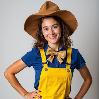 Woman in yellow overalls and wide-brim hat