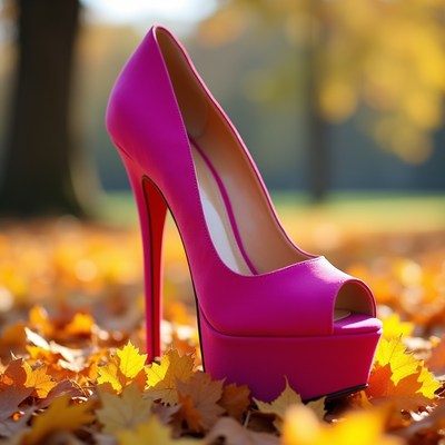 Pink High Heel on Autumn Leaves