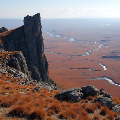 Rocky Cliff Over Red Valley River