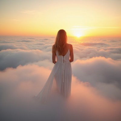 Woman in white dress on clouds at sunset