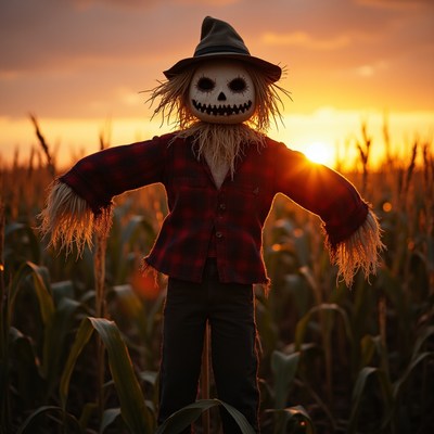 Scarecrow in cornfield at sunset