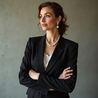 Elegant woman in black blazer arms crossed