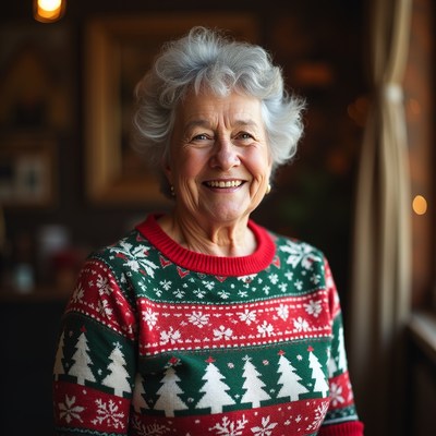 Elderly woman smiling in Christmas sweater
