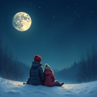 Boy and girl watching full moon in snow