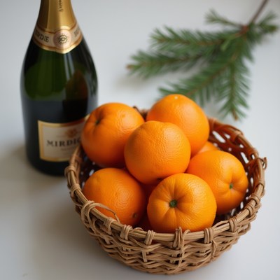 Champagne Bottle with Oranges and Pine