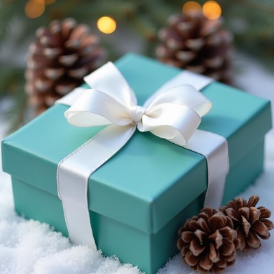 Teal Christmas gift with pine cones