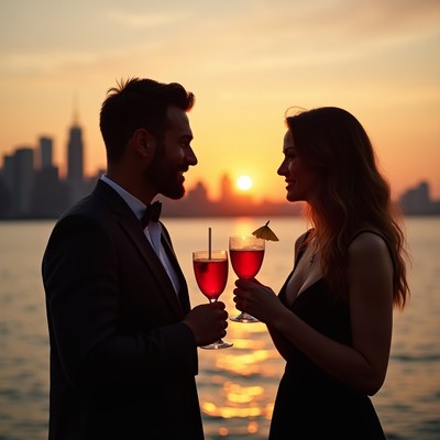 Couple toasting red cocktails at sunset