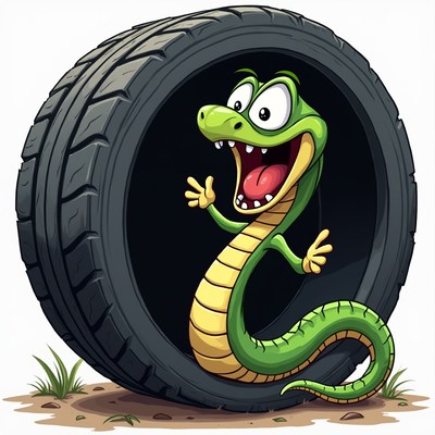Cartoon snake popping from tire