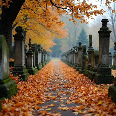 Autumn path through old cemetery
