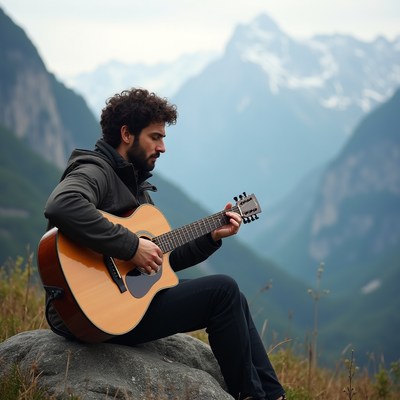 Man playing guitar in mountains