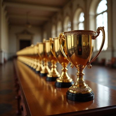 Row of Gold Trophies on Table