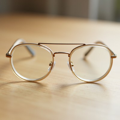 Gold aviator eyeglasses on wooden table