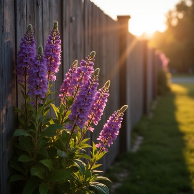 Purple Lupines Against Wooden Fence