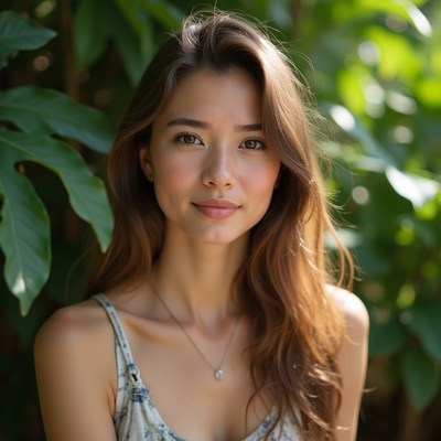 Asian woman in green foliage