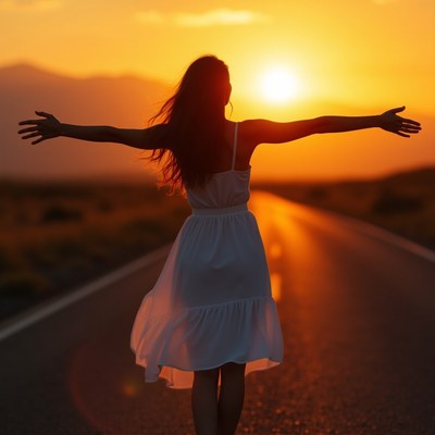 Woman spreading arms at sunset road