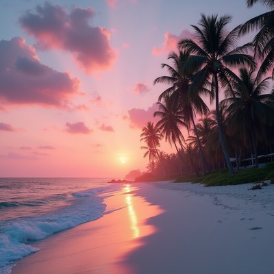 Pink Sunset Beach with Palm Trees