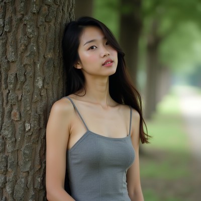 Asian woman leaning against tree