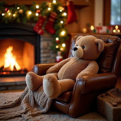 Teddy Bear in Chair by Fireplace