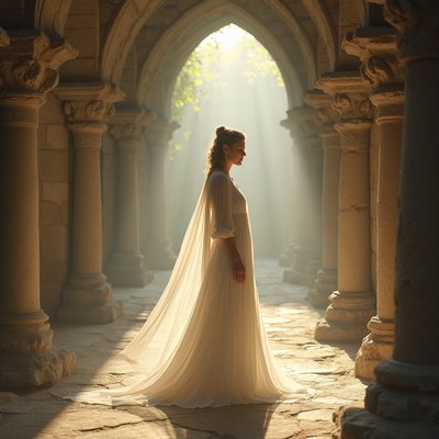 Woman in white gown in gothic archway