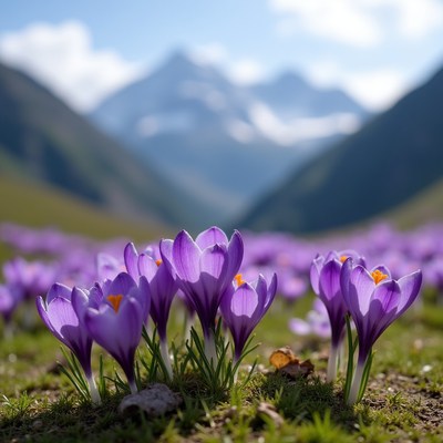 Purple crocuses in mountain valley