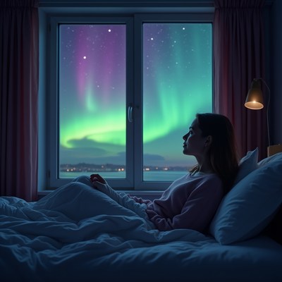 Woman watching northern lights from bed