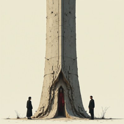 Two Men Standing by Tower Door