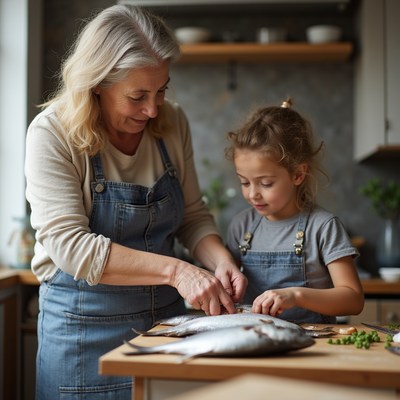 Grandmother and granddaughter preparing fish