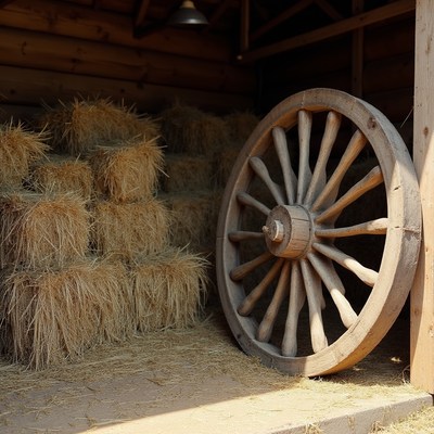 Wooden Wagon Wheel Hay Bales Barn