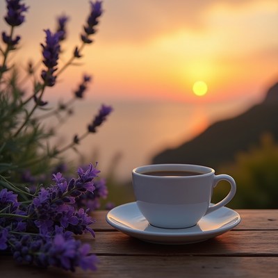 Coffee cup with lavender at sunset