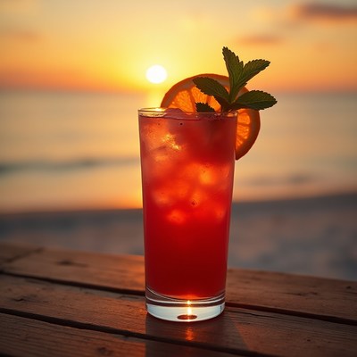 Red cocktail with orange sunset beach